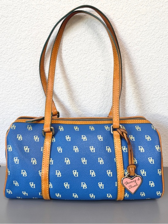 Dooney & Bourke Handbags - Dooney and Bourke Blue Signature Coated Canvas Barrel Bag and Tan Leather Straps